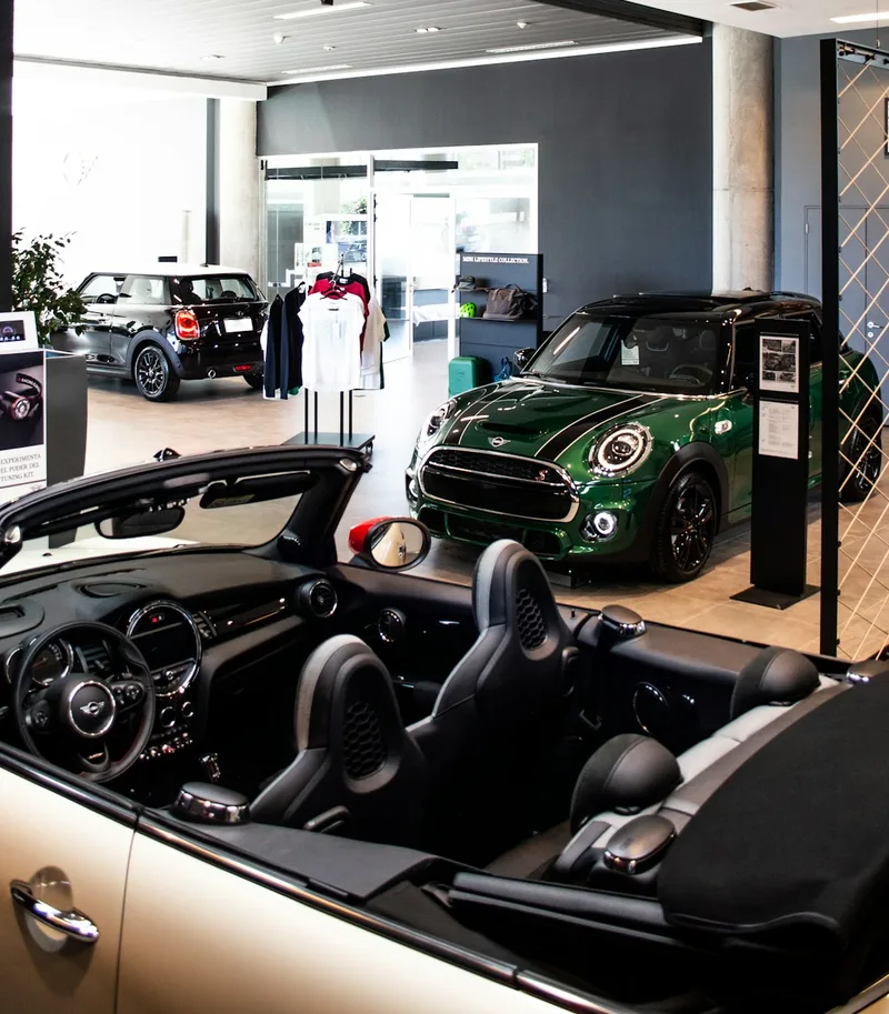 Cars on display on a showroom floor