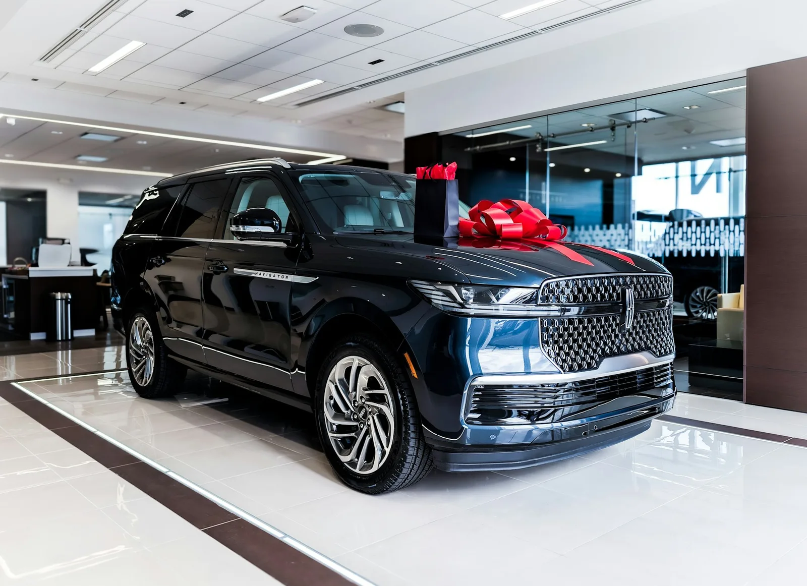 A new SUV with a red bow on display in a car showroom